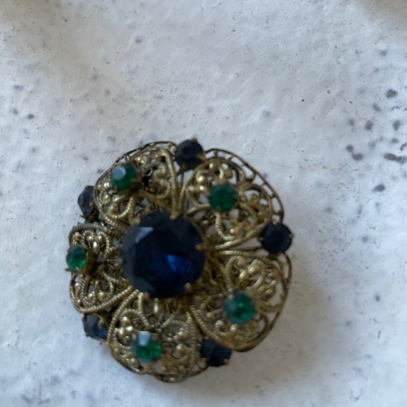 ❤️ VINTAGE EMERALD GREEN & BLUE BROOCH PIN - Picture 1 of 4
